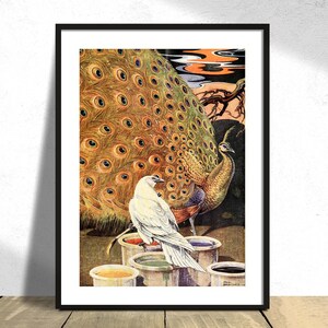 May include: A framed vintage illustration of a peacock with its tail feathers spread out. A white bird is perched on a paint can next to the peacock. There are several paint cans in the image, each with a different color of paint.