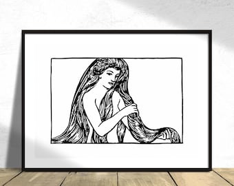 Maiden with Long Hair | Decor Fashion Illustration, Classic Poster, Reproduction Print, Retro Gift Idea, B&W, Hair Salon Wall Art, Long Hair