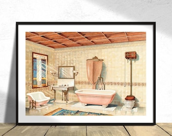 Vintage bathroom interior published in 1877-1893 - SJ.L. Mott Iron Works I Vintage Dec, Hygge Wall Decor, Neutral Home Decor, Rustic Poster