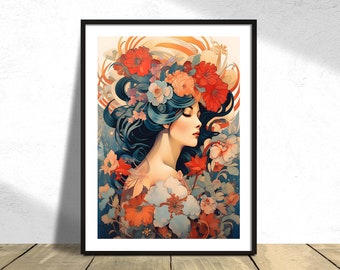Woman With Flowers | Woman Portrait, Graphic Art, Etnic Woman Print, Beautiful Woman Poster, Loveliness, Beauty Poster, Art Deco Style Print