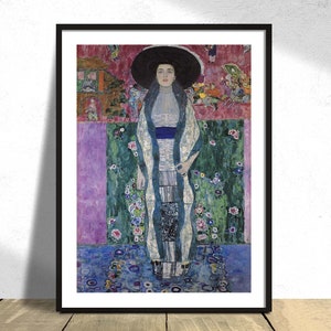 May include: A painting of a woman in a white dress with a blue sash, standing in front of a colourful background with flowers and geometric shapes. The woman is wearing a black hat and has long dark hair.
