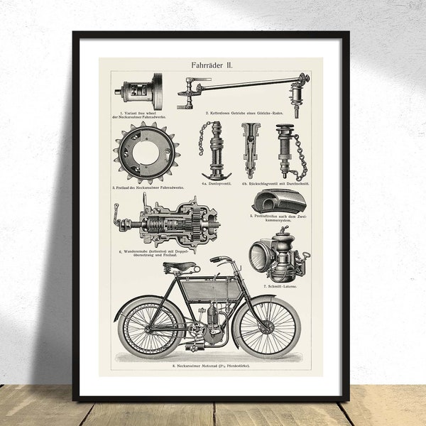 Fahrrader 2 - a black and white lithograph of different bicycle parts - Meyers Konversations Lexikon | B&W Poster, Vintage Print, Wall decor