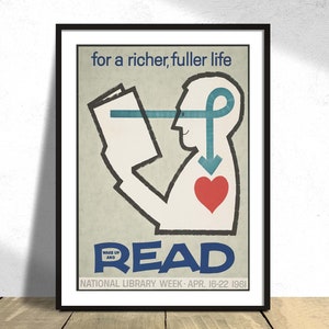 For a richer, fuller life wake up and read. National Library Week · Apr. 16-22 1961 | Retro Poster, Gift Idea, Wall decor, Vintage Print