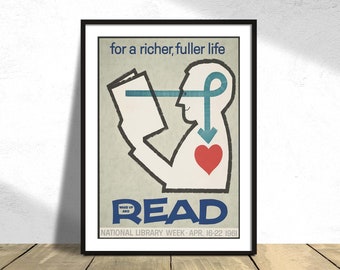 For a richer, fuller life wake up and read. National Library Week · Apr. 16-22 1961 | Retro Poster, Gift Idea, Wall decor, Vintage Print