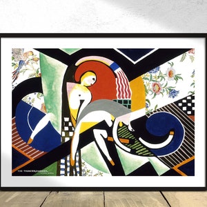 May include: Abstract art print featuring a woman in a geometric composition with bold colors, including red, blue, yellow, and black. The print is titled "The Frou-Frou Homer."