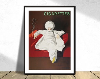 May include: Vintage poster advertising cigarettes. A man in a white robe and turban sits on a red couch, smoking a cigarette. The text "CIGARETTES" is printed in green at the top of the poster.