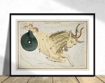 Astronomische Kartendarstellung des Tierkreises Capricornus - Sidney Hall | Astrologie Print, Sternbild Sternkarte, Steinbock Poster, Retro