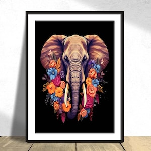 Elephant Head In Flowers | Graphic Art, Nature Art, Elephant Poster, Wild Animal Print, Flower Poster, Elephant Head, Elephant Wall Decor