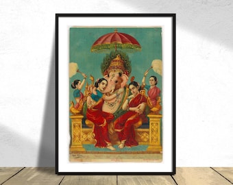 Ganapati ze swoimi małżonkami Riddhi i Siddhi, Indie | Plakat hinduistyczny, Plakat hinduskich bogiń, Plakat buddyjski, Sztuka ścienna zen, Medytacja, Vintage