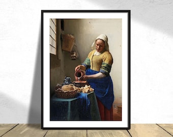 A Leiteira - Johannes Vermeer | Pôster vintage, reprodução de pôster, ilustração antiga, arte barroca, arte holandesa, idade de ouro holandesa, decoração de parede