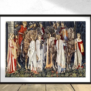 Peut inclure: Une tapisserie représentant une procession de chevaliers et de dames en costume médiéval. Les chevaliers sont à cheval, tandis que les dames marchent. La tapisserie est encadrée de noir et a un fond blanc.