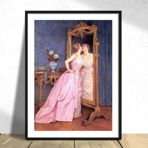 Coiffeuse - Auguste Toulmouche | vintage Print, Poster Reproduction, Old Illustration, French Art, Woman Poster, Mirror Print, Fine Art Poster