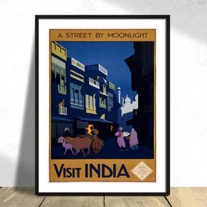 Visite India, una calle a la luz de la luna - Cartel de viaje I Impresión de viaje, Impresión retro de India, Cartel vintage, Cartel publicitario, Calle de India