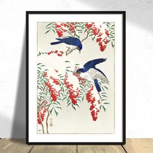 Papamoscas en un arbusto de Nandina - Ohara Koson / Impresión botánica, Pájaro vintage, Reproducción de carteles, Retro, Naturaleza de ornitología, Arte japonés