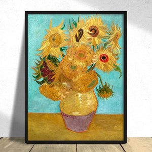 Florero con doce girasoles - Vincent Van Gogh / Impresión vintage, Reproducción de carteles, Ilustración antigua, Arte famoso del impresionismo, Exposición