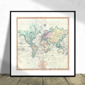 Map of the World on Mercator Projection - John Cary I Square Print, Square Poster, Vintage Maps Dec, Map Print, Travel Gift