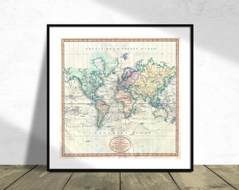 Map of the World on Mercator Projection - John Cary I Square Print, Square Poster, Vintage Maps Dec, Map Print, Travel Gift