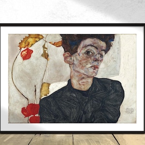 Self-Portrait with a Plant - Egon Schiele | Expressionism Style, Poster Reproduction, Art Exhibition, VintageArt Gift, Retro Print, A3, A4
