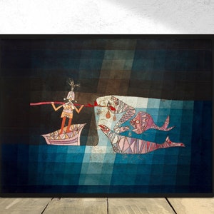 May include: A surrealist painting depicting a person in a boat holding a long stick, with three fish-like creatures swimming in the water. The painting is done in a style reminiscent of Paul Klee, with geometric shapes and vibrant colors.