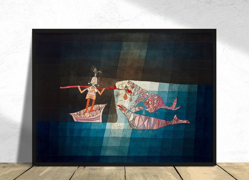 May include: A surrealist painting depicting a person in a boat holding a long stick, with three fish-like creatures swimming in the water. The painting is done in a style reminiscent of Paul Klee, with geometric shapes and vibrant colors.