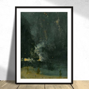 Pode incluir: Uma pintura de um céu noturno verde escuro com fogos de artifício brancos e amarelos explodindo sobre uma massa de água. A água é azul escura e há duas figuras em primeiro plano.