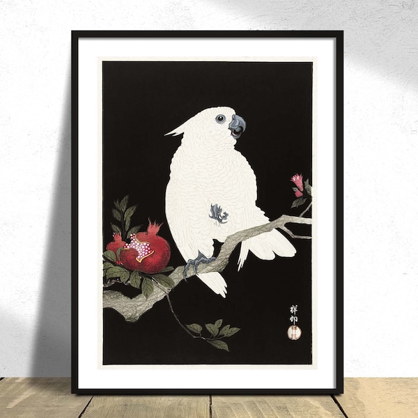 Cockatoo and Pomegranate - Ohara Koson | Botanic Print, Vintage Bird, Poster Reproduction, Retro, Ornithology Nature, Japanese Art, Boho A2