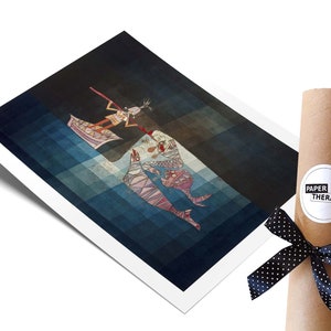 May include: A colorful, abstract art print featuring a stylized figure in a boat with a fish and a whale. The print has a blue, green, and brown color scheme and is printed on a white background. The print is rolled up and tied with a black ribbon.