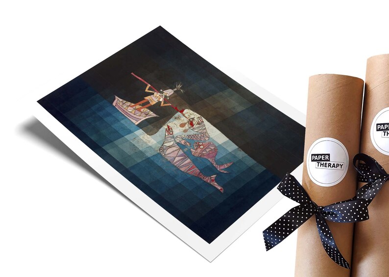 May include: A colorful, abstract art print featuring a stylized figure in a boat with a fish and a whale. The print has a blue, green, and brown color scheme and is printed on a white background. The print is rolled up and tied with a black ribbon.