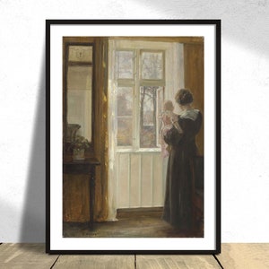 Madre e hijo en una ventana - Carl Holsøe / Impresión vintage, Reproducción de carteles, Ilustración antigua, Arte danés, Impresión de mujer, Decoración familiar, A5