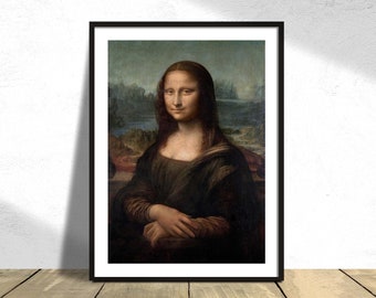 May include: A framed reproduction of the famous Mona Lisa painting. The painting depicts a woman with a soft smile, wearing a dark dress and a light background.