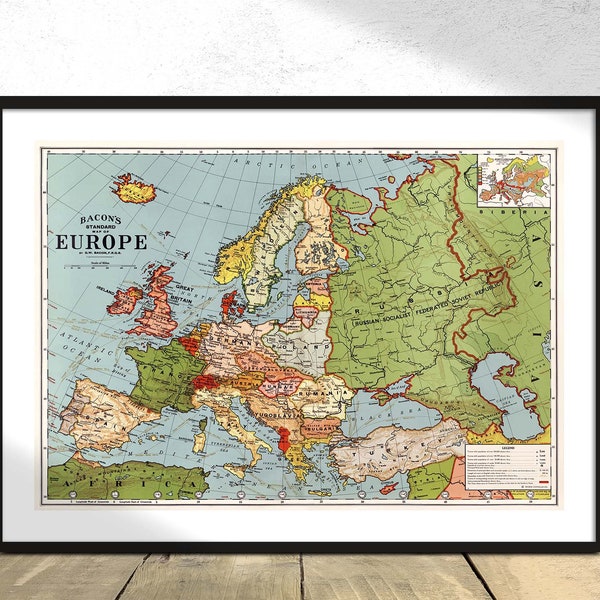 Bacon's Standardkarte von Europa - George Washington Bacon | Vintage Poster Print, Historisches Europa, Alte Karte 1920, Dekoration, Geschenkidee