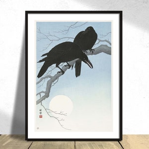 Two Crows on a Branch - Ohara Koson | Botanic Print, Vintage Bird, Poster Reproduction, Retro, Ornithology Nature, Japanese, Far East Art