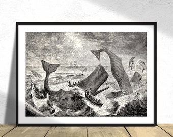 Illustration of the sperm whale while attacking fishing boat from The Natural History of the Sperm Whale  - Thomas Beale | Vintage Print, A4