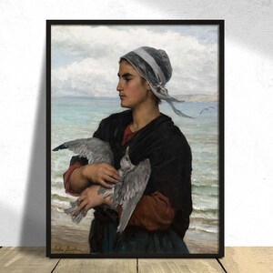 May include: A painting of a woman in a white cap and dark clothing holding a seagull in her arms. The woman is standing on a beach with the ocean in the background.