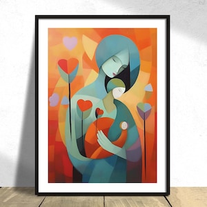 Mutterliebe | Frauenportrait, Grafik, moderne Kunst, abstraktes Bild, Geschenk für Mutter, freudige Momente, glückliche Familienkunst, reine Liebe