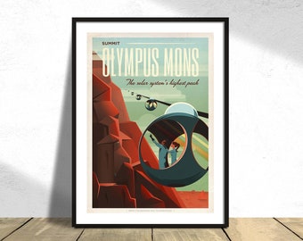 Poster de viagens Olympus Mons | Pôster de astronauta, explorador espacial retrô, vintage spacex, arte de parede retro futurista, arte espacial, lua ana mars 5x7