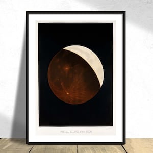 May include: A vintage illustration of a partial eclipse of the moon. The moon is a dark brown color with a sliver of white light on the right side. The text "PARTIAL ECLIPSE of the MOON" is printed below the image.