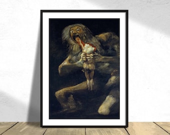 May include: A painting of a monstrous figure with a long white beard, holding a small child in its hands. The figure has a gaping mouth with blood dripping from it, and the child appears to be screaming. The painting is dark and ominous, with a sense of horror and violence.