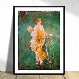 May include: A faded fresco painting of a woman in a white and yellow robe, standing in a green garden with flowers. The woman is holding a vase in her left hand and reaching out with her right hand towards the flowers.