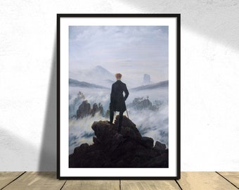Wanderer above the sea of fog - Caspar David Friedrich | Solitude Poster,  Reproduction Print, Retro Illustration, Alone Man, Landscape Art