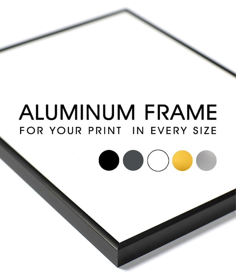 May include: Black aluminum frame for a print. The frame is available in black, gray, white, gold, and silver. "ALUMINUM FRAME FOR YOUR PRINT IN EVERY SIZE" is written in black text on a white background.