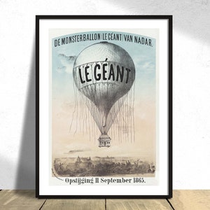 The Monster Balloon (Le Géant) from Nadar. Ascension 11 September 1865 - Morriën, Amand | Vintage Poster Print Reproduction Old Illustration