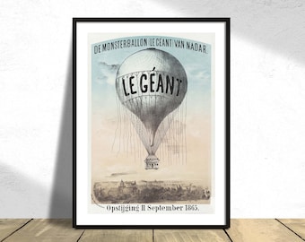 The Monster Balloon (Le Géant) from Nadar. Ascension 11 September 1865 - Morriën, Amand | Vintage Poster Print Reproduction Old Illustration