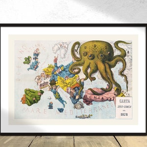 Papagallo no.15 la Piovra Russa Anno VI - Augusto Grossi I Cartoon Représentation Of Europe In 1878, International relations poster, Travel Print