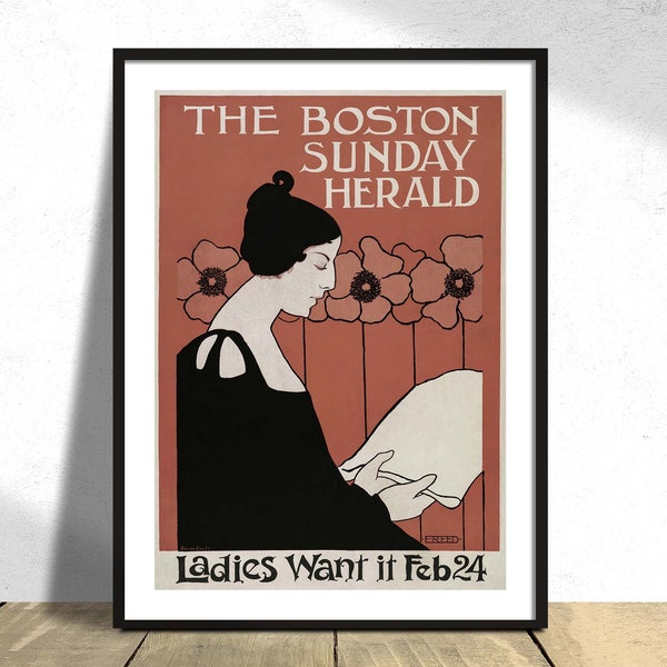 The Boston Sunday Herald - Ethel Reed I Vintage Poster, Woman Portrait, Gift Idea, Wall Dec, Retro Print Art Nouveau, 19th Century American