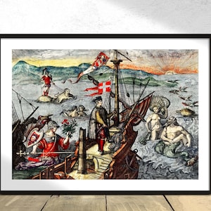 Illustrazione di Cristoforo Colombo da Grand Voyages - Theodor de Bry I Vintage Poster, Gift Idea Art, Retro Print, Old Ship Decor Sailor A2