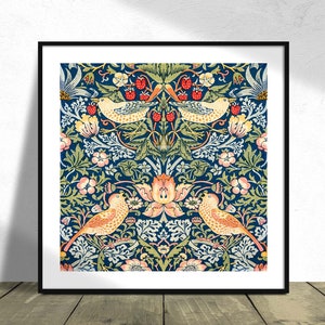 Strawberry Thief pattern - William Morris I Square Print, Square Poster, Plants and Birds  Decor, Nature Pattern, Fruit , Vintage Pattern