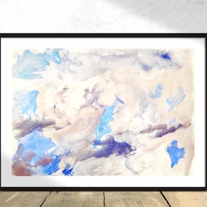 May include: Abstract watercolor painting with shades of blue, white, and gray. The painting features a variety of brushstrokes and textures, creating a dynamic and expressive composition.