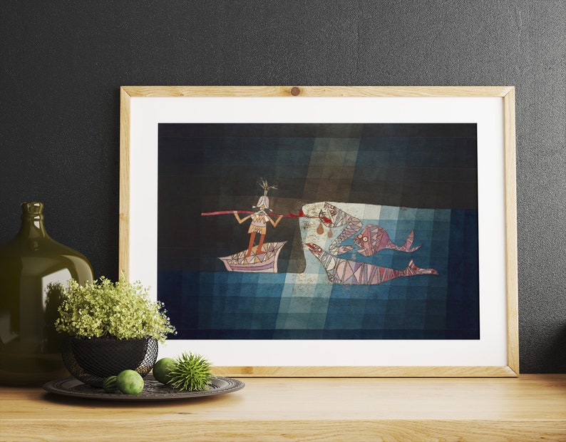 May include: A framed illustration of a person in a boat with a long stick, fishing for a large fish with a smaller fish swimming nearby. The background is a blue and gray watercolor wash.