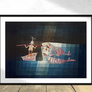 May include: A surrealist painting depicting a person in a boat with a long stick, reaching towards a group of fish with open mouths. The background is a dark blue and black with a light blue and white pattern.